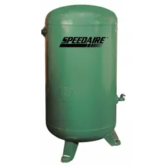 Vertical stationary air tank with 400-gallon capacity for storing compressed air in pneumatic systems. Rated for maximum operating pressure of 200 psi. Overall length of 36 inches. ASME approved.