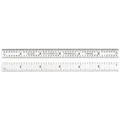 6-inch flexible steel rule with satin chrome finish and etched graduations in 1/64-inch and decimal increments. Black markings on chrome background provide high contrast. 0.02 inches thick. Suitable for measuring curved or tight spaces where a rigid rule cannot conform.
