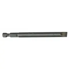 Impact-rated slotted head bit for driving slotted screws with power tools. Made from S2 steel, with a hex drive and standard bit industry size 5F-6R. Supplied in a 5-pack. Suitable for fastening applications in assembly and maintenance.