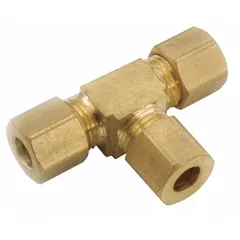 This brass compression tee fitting joins three tubes of equal 7/8 in outside diameter. The low-lead standard sleeve design is suited for potable water and general fluid handling in industrial plumbing and instrumentation systems.