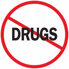 Non-reflective hard hat label with 2 in diameter, printed in English. Supplied as a pack of 4 labels for universal application on hard hats in industrial environments to identify drug-related safety or compliance equipment.