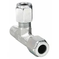 Steel compression tee from the Ferulok series, featuring a flareless bite-type design for leak-proof connections in hydraulic and pneumatic systems. Connects 3/8 in OD tubing to 1/4 in pipe thread with 1/4"-18 thread size
