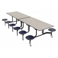 This bi-fold cafeteria table features a stool seat design with a laminate tabletop surface. The tabletop is constructed from industrial-grade high-pressure laminate with a particleboard core. Overall height is 29 inches and overall length is 59 inches. Suitable for dining areas in schools, corporate break rooms, and institutional settings