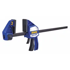 This dual-function tool serves as both a clamp and a spreader, with a maximum jaw opening of 24 in and a throat depth of 3 3/4 in. The adjustable range spans from 9 1/4 in to 32 7/8 in, accommodating various workpiece sizes. Typical applications include woodworking, metalworking, and construction for holding parts during gluing, assembly, or welding.