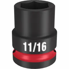 This 1/2" drive impact socket features an 11/16 in SAE 6-point design with a black phosphate finish. It is intended for use with impact tools to fasten or loosen nuts and bolts in automotive, construction, and industrial maintenance tasks.