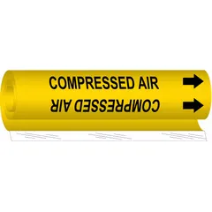 Yellow wrap-around pipe marker with black legend reading 'Compressed Air' and directional arrows. Fits pipe outer diameters from 1-1/2 to 2-3/8 inches. Used to identify compressed air lines in industrial piping systems for safety and maintenance.