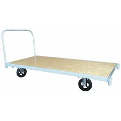 This platform truck features a 48 in L x 30 in W x 11 1/2 in H wooden deck and 8 in diameter casters with a (2) rigid caster configuration. It is used for moving heavy loads such as pallets, boxes, and equipment across smooth floors in warehouses, factories, and distribution centers.