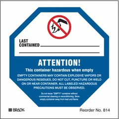 Paper label measuring 4 in x 4 in, supplied in a 100-pack. Features a blue background with the message 'Attention! This Container Hazardous when Empty…'. Used to mark containers that previously held hazardous materials, indicating potential residual hazards for waste management and shipping compliance.