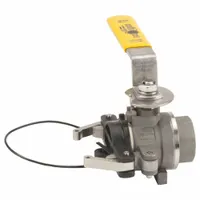 316 stainless steel dry disconnect coupling with 1 in Full Port Dry-Mate Male x FNPT threads. Rated for 150 psi max working pressure at 70°F. Includes PTFE gasket and locking arm. Used for dry-break fluid transfer in industrial piping systems to minimize spillage during connection and disconnection