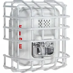 Steel wire cage guard for indoor wall-mount L Series horns/strobes. White finish, 6 5/8 in length, 4 3/8 in depth. Includes mounting hardware; allows simple removal for maintenance. Provides physical protection for alarm fixtures in commercial or industrial settings.