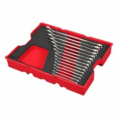 This 15-piece SAE 12-point combination wrench set from MILWAUKEE includes wrenches ranging from 1/4 in to 1 in. The wrenches feature a chrome finish and are designed for tightening and loosening hex fasteners in mechanical assembly, maintenance, and repair tasks. A storage tray is included for organization.