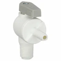 PARKER Manual Two-Way Ball Valve: 1/4 in, Polypropylene, Angle, Barb x MNPT, One-Piece, Lever (MPN PBPP4VME4)