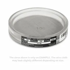 Ultrasonic test sieve with a #10 US Standard Screen Size, 3 1/2 in outside diameter, and 5/8 in height. Features a stainless steel screen and acrylic frame, meeting ASTM E11 standards. Used for particle size analysis and material classification in laboratory and industrial settings.
