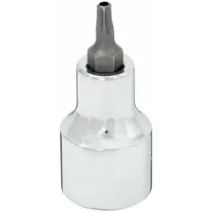 This Security Torx Bit Socket features a T27 tip size and fixed insert design for secure engagement with tamper-resistant Torx fasteners. With an overall length of 2-1/4 in, it is suited for high-torque fastening in confined spaces during industrial maintenance, automotive repair, and assembly tasks.