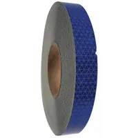 Blue reflective tape with acrylic adhesive, 1 inch wide by 50 yards long. Used for vehicle conspicuity marking on trucks, trailers, and emergency vehicles to enhance visibility in low-light conditions