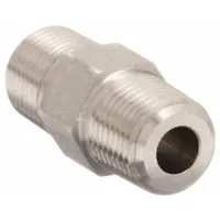 Steel hydraulic hose adapter with 1/8 in NPTF male threads on both ends for connecting two male ports in a straight, rigid line. Used in hydraulic systems, lubrication circuits, and pneumatic applications requiring a leak-resistant taper-thread seal
