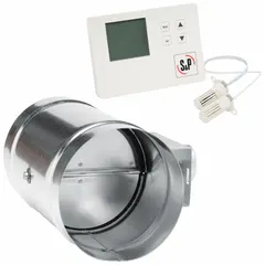 Fresh air intake damper for 6-inch diameter ductwork. Flat blade with rubber seal, normally closed, 24V DC operation. Includes Envirosense Ventilation Control. Dimensions: 9 3/4 in L, 9 7/8 in H, 6 in W, 3 in flange width.