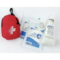 This portable, fabric-housed first aid kit is designed for general-purpose eye care in workplace or industrial settings. It contains 5 components including eyewash and tape, and serves one person. The red fabric kit is OSHA compliant