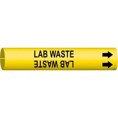 Yellow snap-on pipe marker with black 'Lab Waste' legend and directional arrows. Fits pipe outer diameters of 4 to 6 inches. Used to identify lab waste piping in industrial or laboratory facilities.