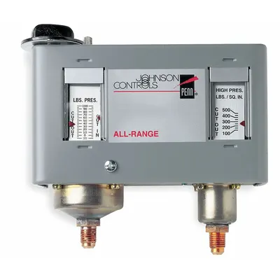 JOHNSON CONTROLS Kontrol Tekanan Ganda: SPDT, 12 in Hg hingga 80 psi Sisi Rendah, 100 psi hingga 500 psi Sisi Tinggi - Dual Pressure Controls