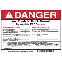 Adhesive vinyl sign, 5 in x 7 in, 5-pack. Not retroreflective or glow-in-the-dark. Used to post arc flash and shock hazard warnings on electrical enclosures and equipment, indicating required PPE and hazard risk category.