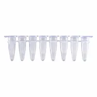Polypropylene PCR strip tubes with 0.2 mL capacity, round bottom, natural color, and sterile. Includes optical strip caps with colorless closures. Used in polymerase chain reaction workflows for DNA amplification in laboratory thermal cycling