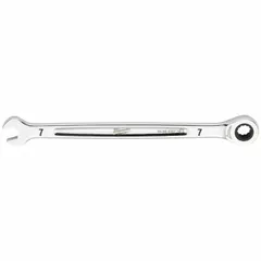 This MILWAUKEE combination wrench features a 7 mm 12-point ratcheting box end and a standard open end, designed for tightening or loosening metric fasteners. The steel construction with chrome finish resists corrosion. With an overall length of 5 1/4 inches, it is suited for general fastening tasks in automotive, mechanical, and industrial maintenance applications.