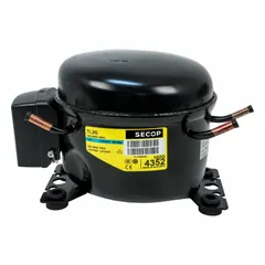 Hermetic reciprocating compressor for R-134A refrigerant systems. Provides 228 BtuH cooling capacity with a 1/10 hp motor. Features a 5 mm discharge line connection. Suitable for small refrigeration applications such as beverage coolers and cold storage units.
