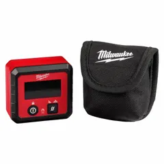 Magnetic digital level with +/- 0.2° accuracy, measuring angles from 0° to 180°. Features two rare earth magnets for hands-free attachment to ferrous surfaces. Includes batteries. Overall length 2 3/8 in. Used for angle measurement in construction, carpentry, and metalworking tasks such as setting saw blade angles or checking pipe slopes.