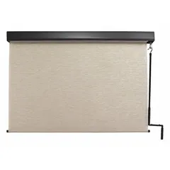 This pole-and-crank-operated sun shade from the Titanium Plus Series features a 48-inch valence width and Maui fabric color with an Oil Rubbed Bronze valance. It provides 72% UV protection and uses a bungee-and-hook tie-down system for secure fastening. Left-side operation allows easy deployment on patios, decks, or windows.