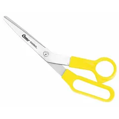 These offset plastic-handle scissors feature stainless steel blades with a straight, pointed tip. The overall length is 8 1/2 inches, and the yellow handles are designed for ambidextrous use. Suitable for general cutting tasks such as paper, fabric, and light materials in home and office environments.
