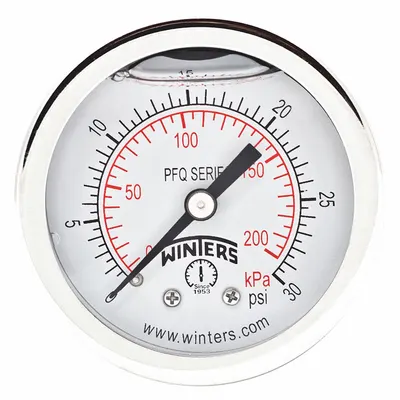 WINTERS Pengukur Tekanan Pemasangan Panel: Flensa Depan, 0 psi hingga 30 psi, 2 in Dial, 1/4 in NPT Male - Front-Flange Panel-Mount with Brass/Bronze Wetted Parts
