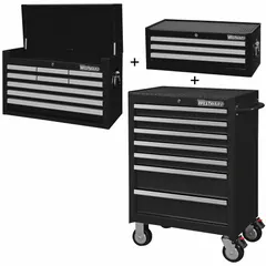 This rolling cabinet combo includes a top chest, intermediate chest, and rolling cabinet with 19 drawers. It features a keyed locking system and ball-bearing drawer slides for smooth operation. The unit measures 26 3/4 in W x 18 in D x 66 1/2 in H and has a black finish. Suitable for organized storage of tools and parts in workshops, garages, and industrial facilities.