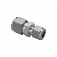 This HAM-LET double-ferrule stainless steel union connects tubing of 10 mm OD and 3/8 in OD with compression ends on both sides. The double-ferrule design provides a secure metal-to-metal grip, suitable for instrumentation, hydraulic, and process systems requiring leak-tight, vibration-resistant joints. Compatible with Swagelok fitting brands for interchangeability