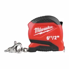 This 6 ft / 2 m tape measure features a nonmagnetic single hook tip and manual lock. The blade has dual Metric/SAE graduations in inches and centimeters. The plastic housing is black and red, and the tool is tether ready. Suitable for general measuring tasks in construction, maintenance, and electrical work.
