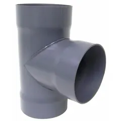 This PVC duct tee is a branch fitting for 14-inch duct diameter systems, featuring 14-inch inlet and outlet diameters and a 24-inch overall length. It is used to split airflow from a main duct line to a secondary run in industrial ventilation and fume exhaust applications.