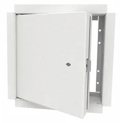 This steel locking access door is designed for wall mounting, providing secure access to utility panels, valves, or junction boxes. It features a concealed hinge and a drywall bead flange for flush installation in finished drywall surfaces. The frame is 16-gauge steel with a white finish.