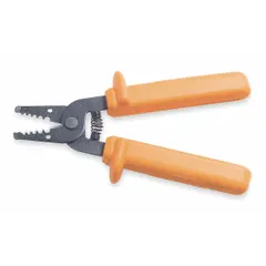 This insulated multifunction wire stripper is constructed with steel and features a standard cushion grip. It strips stranded wire from 16 AWG to 8 AWG with a stripping length of 6 to 8 inches. Suitable for cutting and stripping electrical wires in general wiring applications.