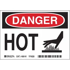 Adhesive-mounted polyester danger signs warning of hot surfaces or equipment. Each sign measures 3 1/2 x 5 inches with a thickness of 0.01 inches. Not retroreflective and does not glow in the dark. Supplied in a pack of 5.