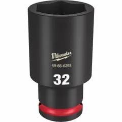 This 1/2" drive deep impact socket has a 32 mm metric, 6-point configuration with a friction retention mechanism. It is designed for use with impact tools to fasten or loosen nuts and bolts in applications requiring high torque and clearance over long studs.