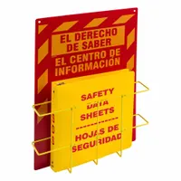 Black wall-mount safety station, 20 in H x 14 in W x 5 in D. Includes mounting hardware for installation. Used to organize and display safety documents, labels, or signage in industrial facilities, centralizing hazard communication information for personnel access