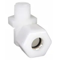 This PARKER compression fitting elbow is made of nylon and features a Compression x MNPTF connection type. It connects 1/4 in OD tubing to 1/8 in male NPTF pipe threads. Commonly used in pneumatic, instrumentation, and low-pressure hydraulic systems for tube-to-pipe transitions