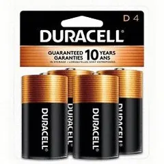 D-size alkaline battery delivering 1.5V DC in a 4-pack. CopperTop construction provides consistent power output for high-drain devices. Suitable for large flashlights, portable radios, and toys.