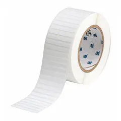 White matte-finish precut label roll designed for thermal transfer printing in cryogenic environments. Labels measure 1/4 in height by 2 in width with a 1/4 in roll length. Compatible with BBP11 printer series. Used for durable identification on pipes, valves, and equipment in extreme cold applications.