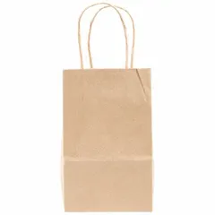 Kraft paper merchandise bags with handle, suitable for retail packaging, gift wrapping, and light merchandise carry-out. Each bag measures 3 1/4 in width, 5 1/4 in depth, and 8 5/12 in height. Supplied in a pack of 250.