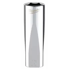 This 6-point deep socket is made of chrome and features an anti-roll hex shape to prevent rolling on sloped surfaces. Designed for 3/8 in drive tools, it fits 15 mm metric fasteners. The deep well configuration provides access to recessed nuts and bolts in maintenance and assembly tasks.