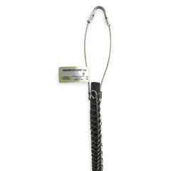 This lace closing cable support mesh grip is constructed from tin-coated bronze for corrosion resistance. It features a single eye style and a 27-inch mesh length, with a breaking strength of 4,900 lb. Designed for cable diameters from 3.50 to 4.00 inches, it is used to support and relieve strain on heavy cables in industrial installations.