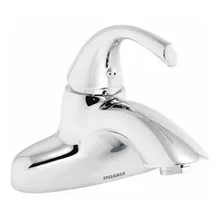 Brass centerset bathroom faucet with polished chrome finish. Low arc spout design. Flow rate of 1.2 gpm. Suitable for lavatory sinks in residential and commercial settings.
