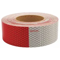 Red/white reflective tape with white reflective segments, 2 inches wide by 50 yards long. Acrylic adhesive for application on trucks and trailers to enhance visibility