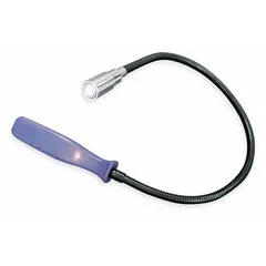 This illuminated magnetic pickup tool features a permanent magnet and a fixed, straight flexible steel shaft. The steel magnet provides a lift capacity of 5 to 9.9 lb. It is used to retrieve ferrous metal objects from tight or hard-to-reach spaces, such as in automotive, industrial, and maintenance settings.